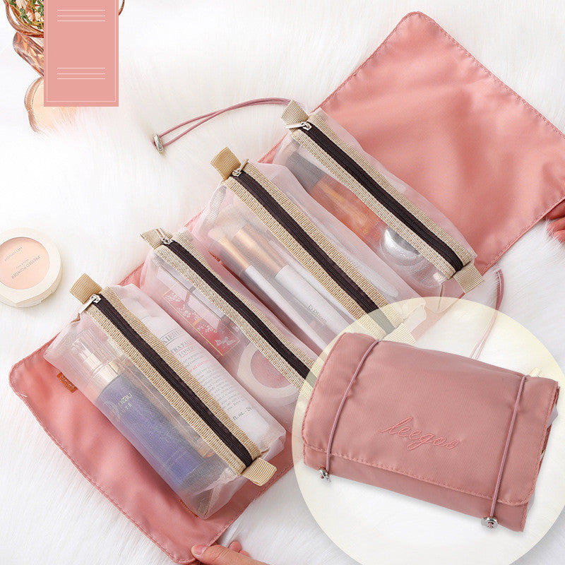 Four In One Mesh Cosmetic Foldable Carry On Toiletry Bag Deals DealSniper.net Pink