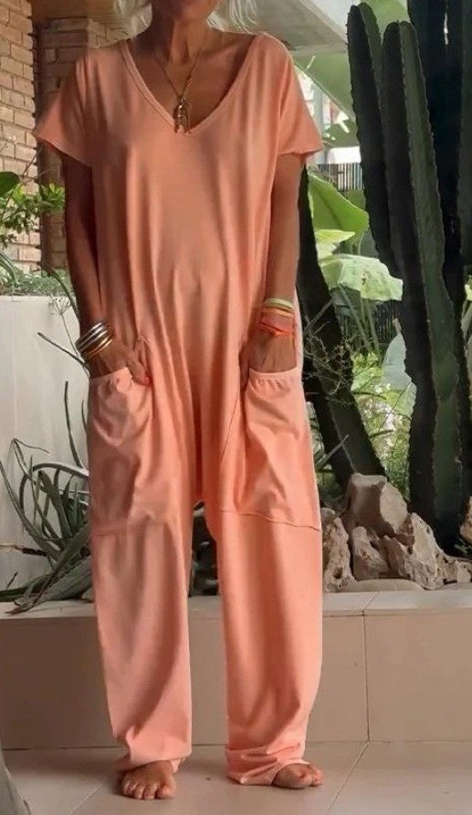 V-neck Oversized Pocket Low-grade Jumpsuit Women DealSniper.net 2XL Orange