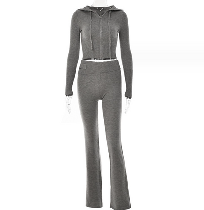 Hoodie Suit Women Leisure Sexy Zip Long Sleeve Sweater And High Waist Long Pants Set Women dealsniper-net Grey suit S