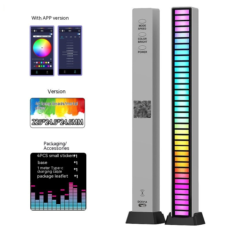 Led Sound Control Light Bar RGB Ambient Pickup Rhythm Lamp Music House DealSniper.net 40 Lights Metal Silver APP 5V Built In Battery Style