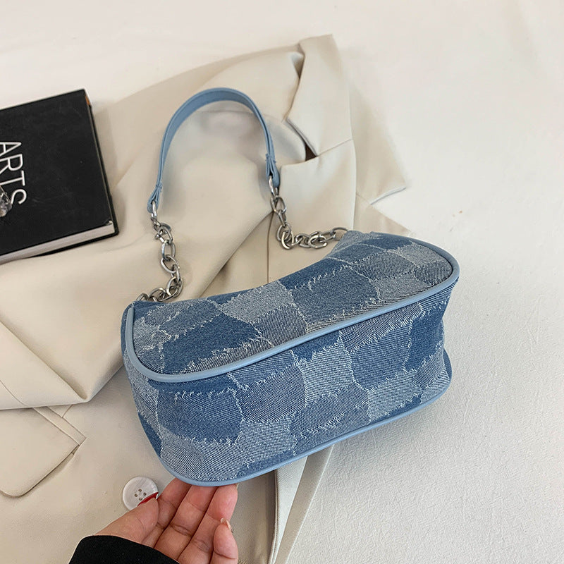 Denim Shoulder Bag Simple Plaid Patchwork Bag Women DealSniper.net