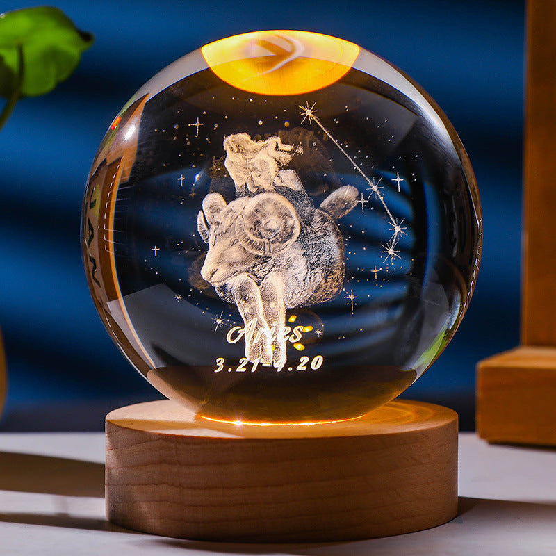 3D Constellation Crystal Ball Night Light Laser Engraved Home Decor dealsniper-net Aries 6mm Crystal Ball Warm Light USB Base