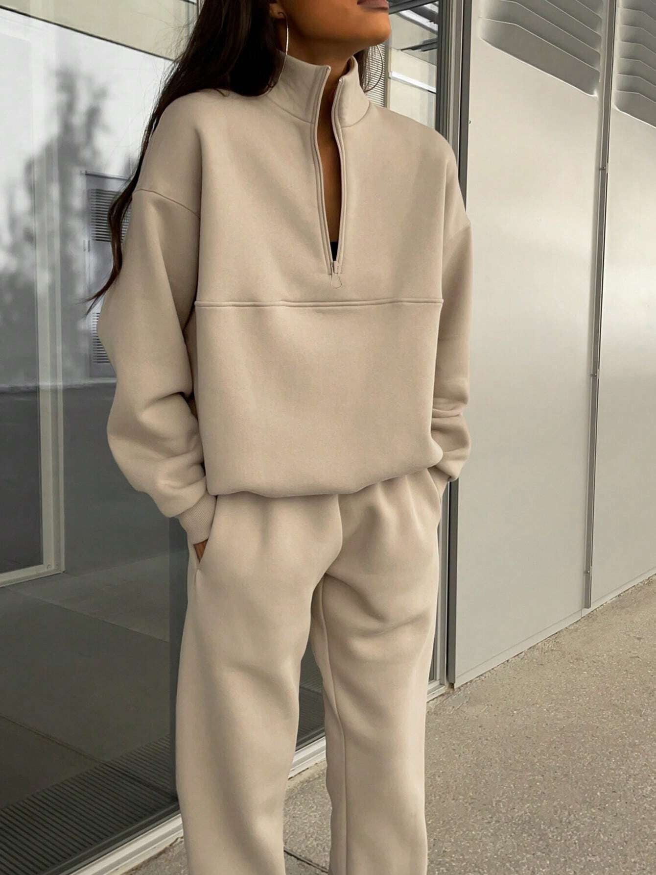 Long-sleeved Sports Sweatshirt Suit Fashion Stand-up Collar Women DealSniper.net Khaki L
