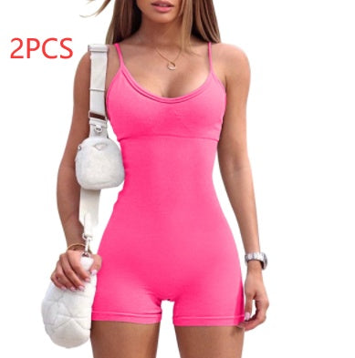 Spaghetti Strap Shorts Jumpsuit Sports Yoga Workout Tight Women dealsniper-net Fluorescent Powder L 2PCS