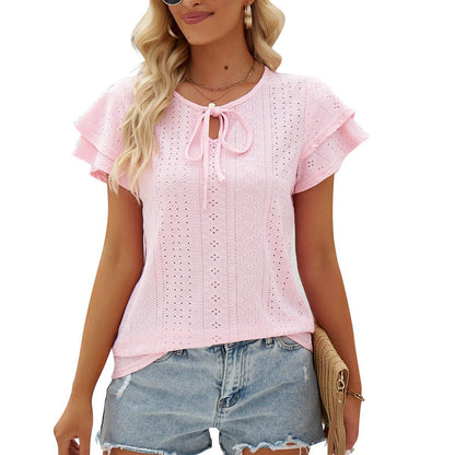 Women's Hole Hollow-out Lace-up Double-layer Sleeve Top Women dealsniper-net Pink L