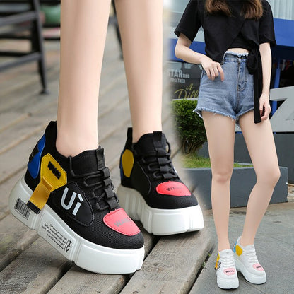 Mesh breathable student sneakers thick soles hidden heel shoes Women dealsniper-net black 34