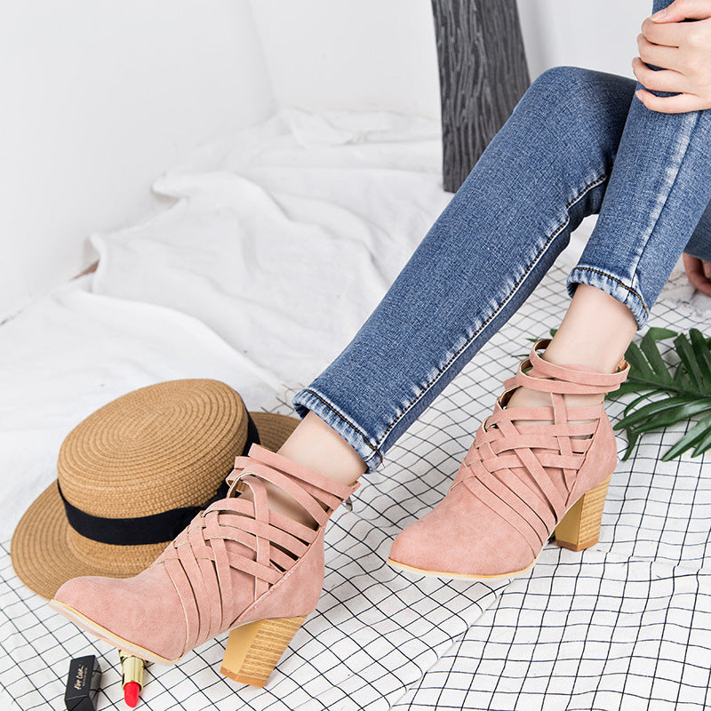 New Pointed Thick Heel Hollow Short Boots Women Gym From House Pink 35
