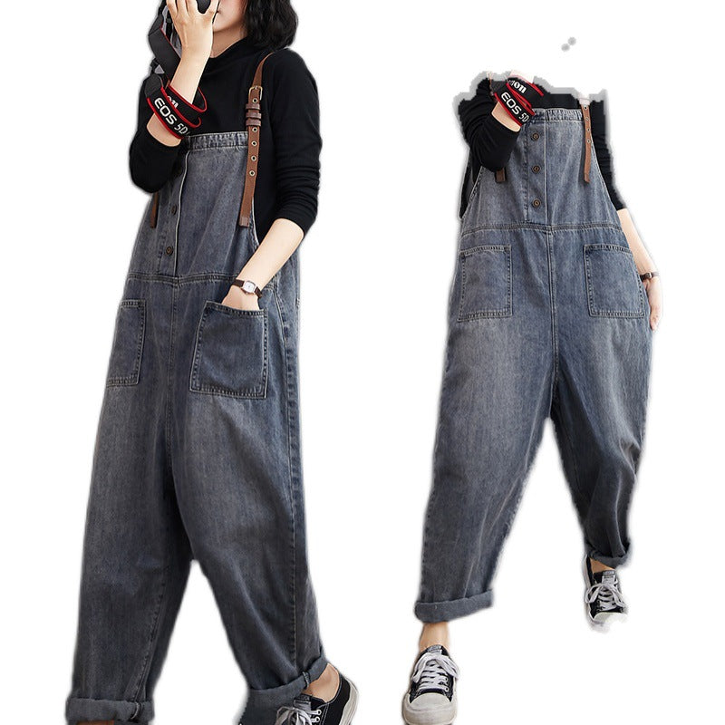 Women's Loose-washed Nine-point Denim Overalls Women dealsniper-net