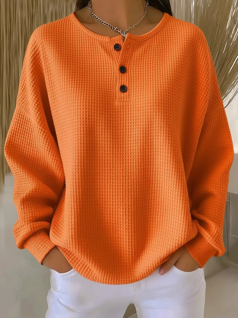 Ins Waffle Long-sleeved T-shirt Fashion Solid Color Buttons Women Gym From House Orange 2XL