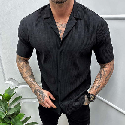 Men's Cardigan Solid Color Short Sleeve Shirt Men DealSniper.net Black L