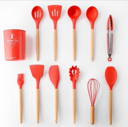 Silicone Kitchenware With Wooden Handle Kitchen dealsniper-net 12pcs red