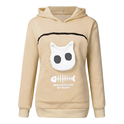 Women Hoodie Sweatshirt With Cat Pet Pocket Design Women dealsniper-net Beige L