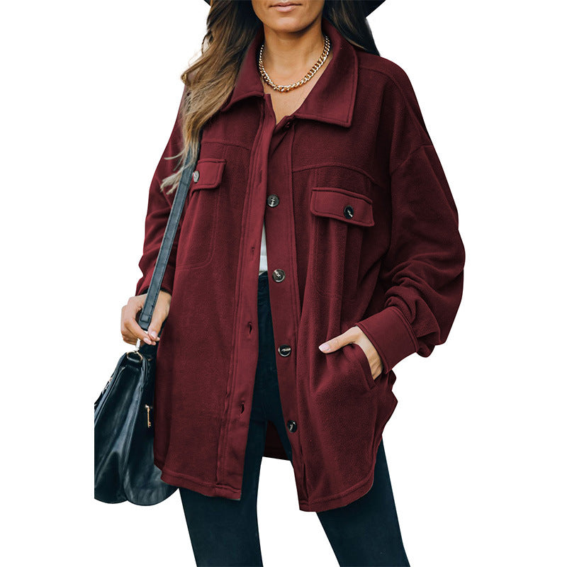 New Lapel Fleece-breasted Cardigan Jacket Shirt Women dealsniper-net Burgundy 2XL