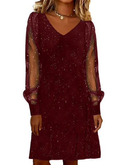 Elegant Women Dress V Neck Shiny And Glowing Mesh Sleeve Women DealSniper.net Wine Red 2XL
