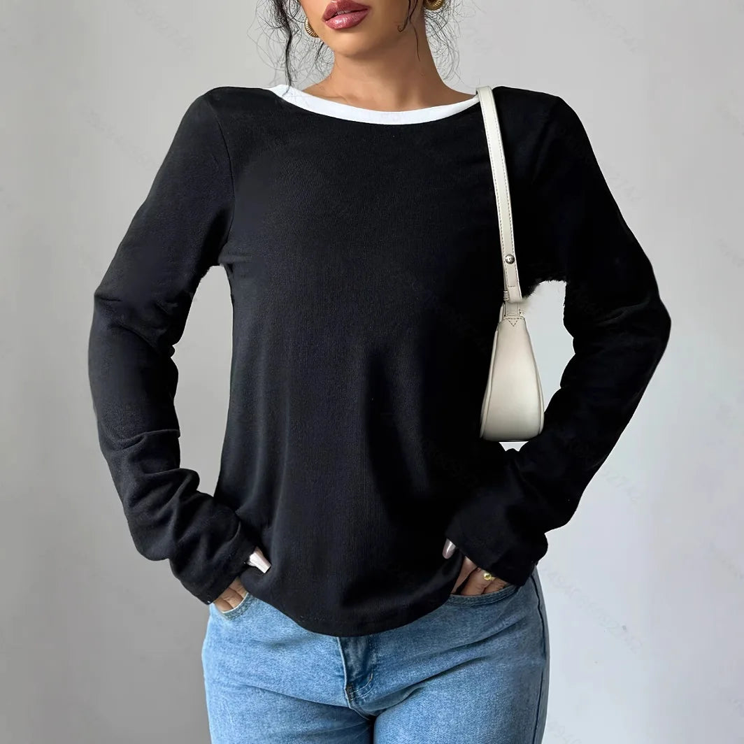 Women's Trendy Round Neck Two-Piece Illusionknit T-Shirt Women Gym From House
