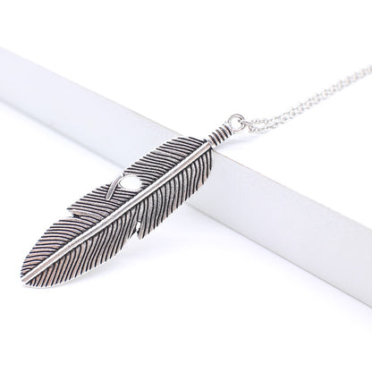 Simple feather necklace leaves long sweater chain clothing Jewelry dealsniper-net Silver