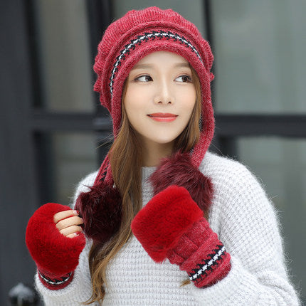 Cozy Knit Fleece-Feel Beanie With Ear Flaps & Pompom