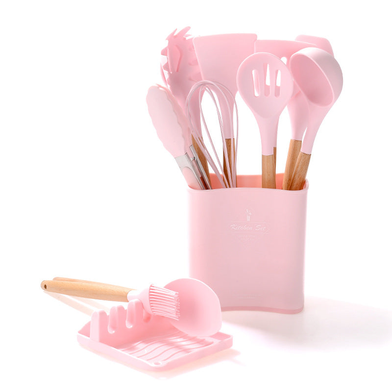 Kitchen Wooden Handle Kitchenware Set With Storage Square Bucket Kitchen DealSniper.net Pink