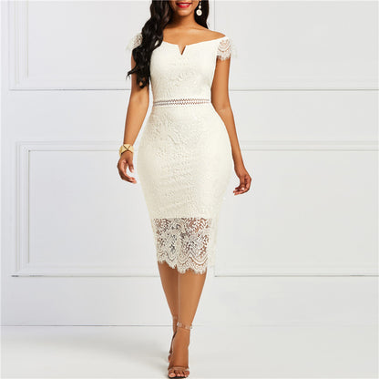 Lace Off Shoulder Knee Dress Women dealsniper-net White 3XL