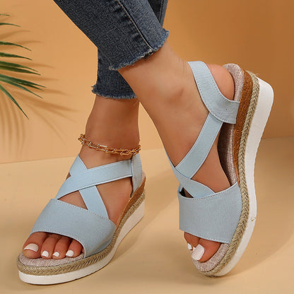 Wedge Sandals For Women Cross-strap Platform Gladiator Hemp Heel Shoes Summer Women DealSniper.net Light Blue 35