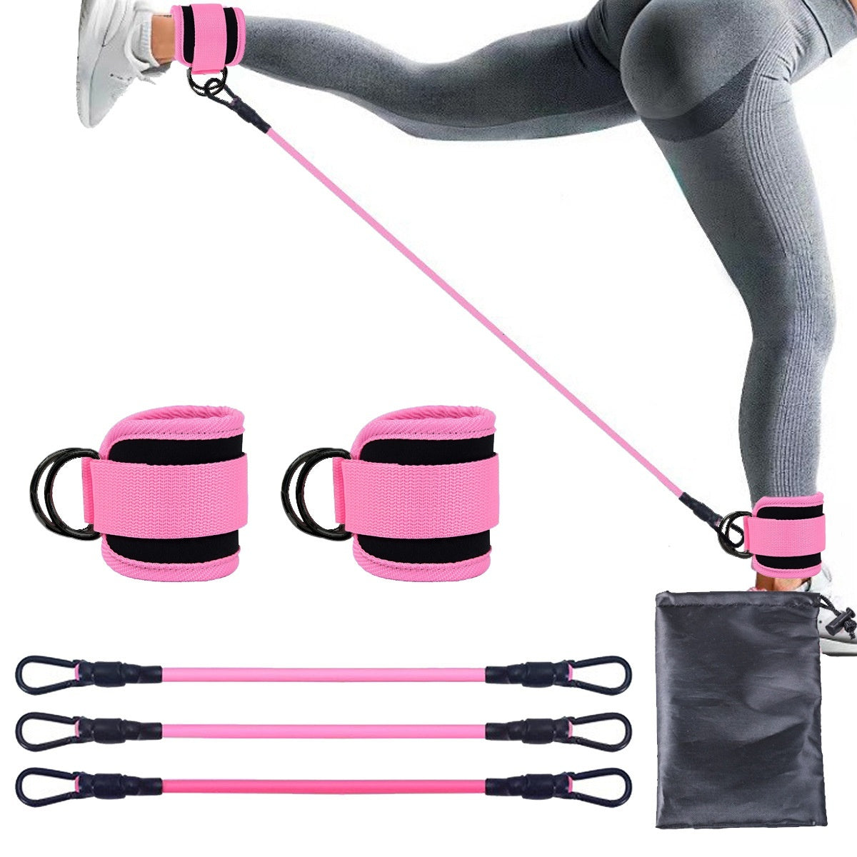 Ankle Strap Resistance Bands Hip Leg Strength Pull Rope Fitness Sports DealSniper.net Pink Three Black Buttons