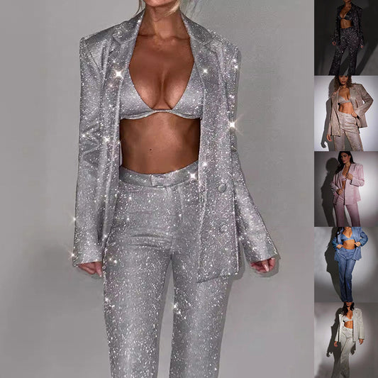 3pcs Shiny Long-sleeved Suit With Bra Lapel Blazer