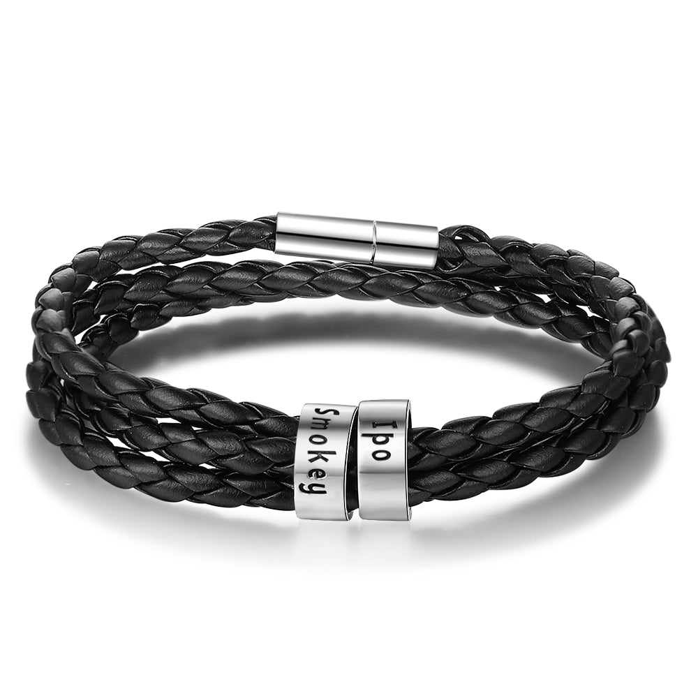 Personalized Mens Braided Genuine Leather Bracelet Stainless Steel