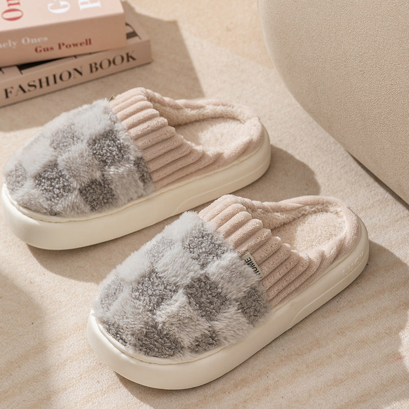 Plaid Plush Slippers Women's Indoor Plush Home Slippers Soft Sole Thick Non-Slip Warm House Shoes Couple Autumn And Winter Women DealSniper.net Grey 40or41