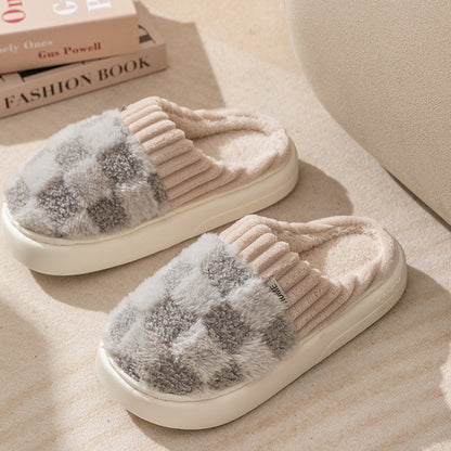 Plaid Plush Slippers Women's Indoor Plush Home Slippers Soft Sole Thick Non-Slip Warm House Shoes Couple Autumn And Winter Women DealSniper.net Grey 40or41