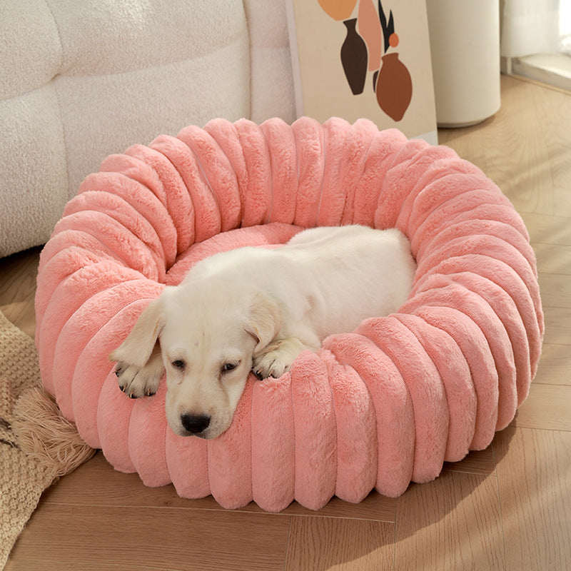 Pet Kennels Long Plush Round Cat Nest Winter Warm Dog Beds Pets Gym From House Pink Outer Diameter 40cm