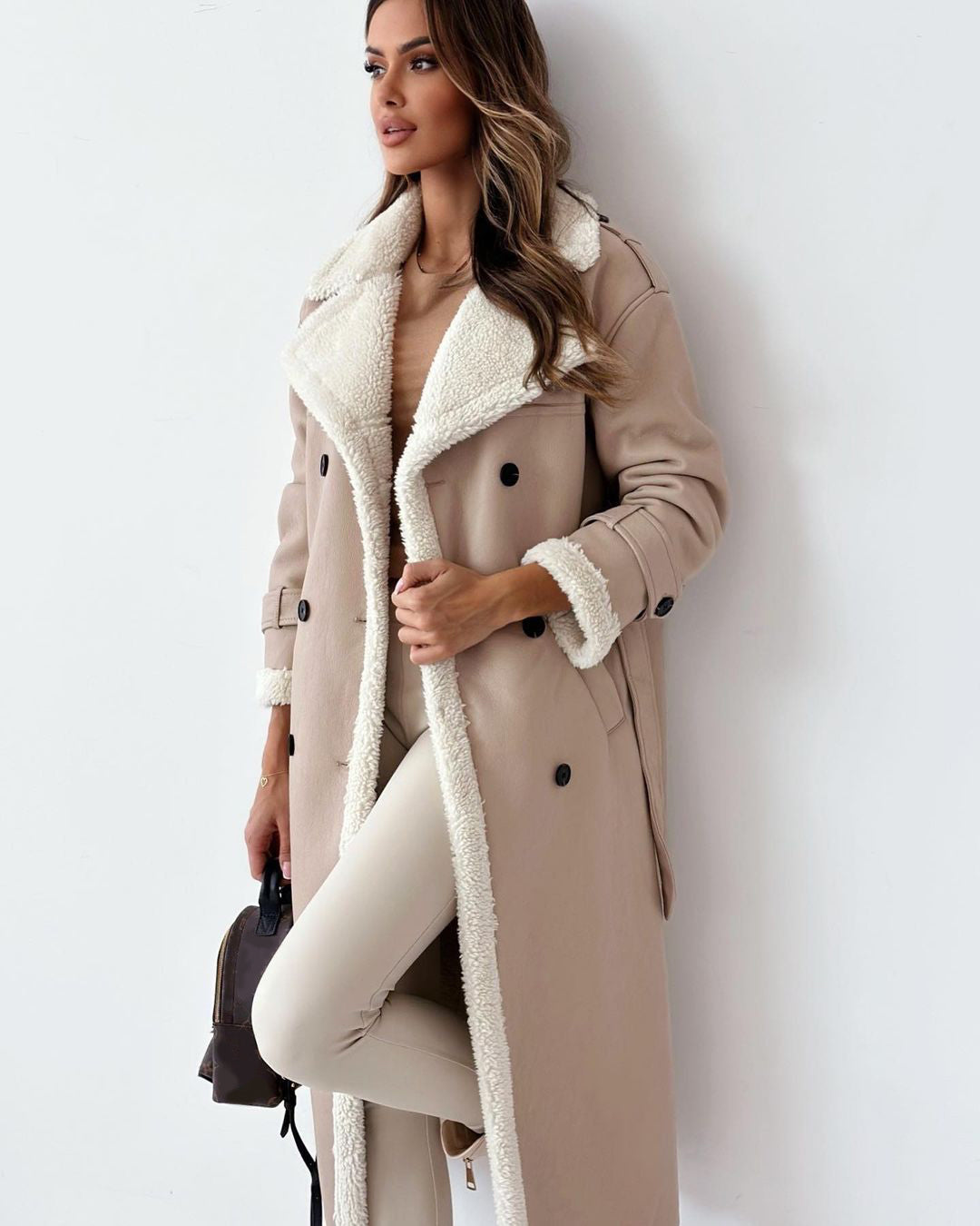 Winter Jacket With Belt Fashion Double Breasted Lapel Windbreaker Women Gym From House Apricot L