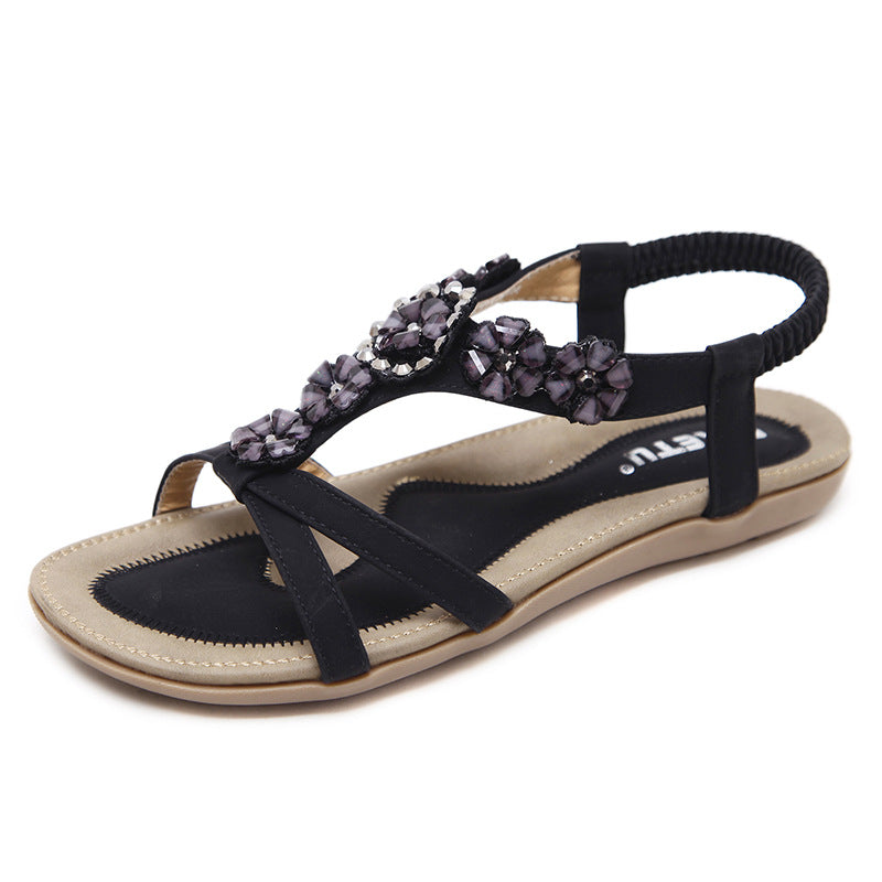 Sandals Women's Bohemian Flowers Rhinestone Flats Beach Shoes Women DealSniper.net Black Size35