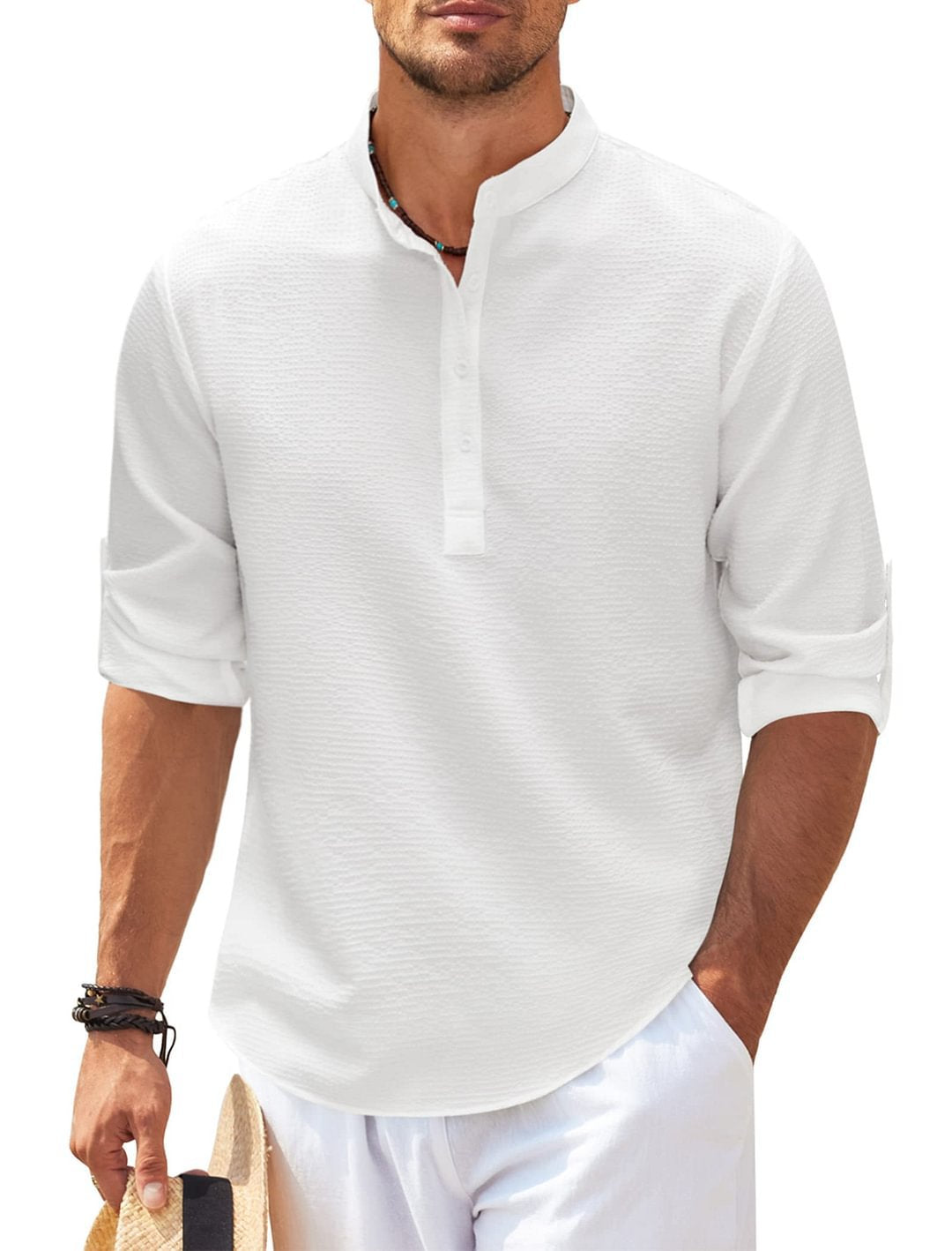 Men's Casual Shirt Long Sleeve Stand Collar Solid Color Shirt Mens Clothing Men dealsniper-net White 2XL