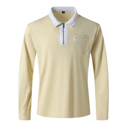Autumn Mens Long Sleeve Zipper Polo Shirts Casual Lapel Men DealSniper.net Khaki With White 2XL