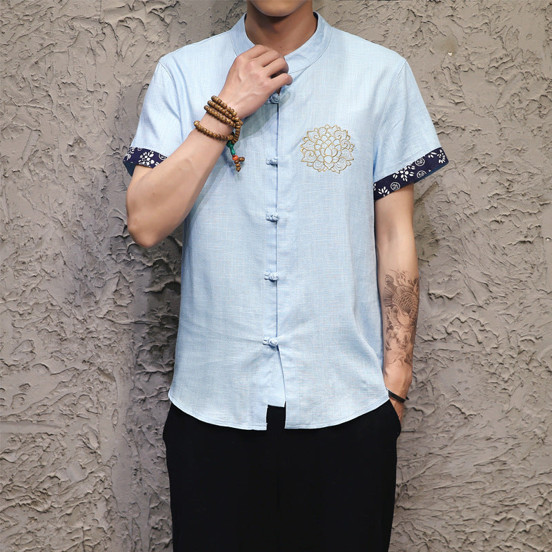 new men's cotton and linen short-sleeved shirt Buddha Chinese style linen shirt delicate embroidery buckle large size male Men dealsniper-net Sky blue 2XL