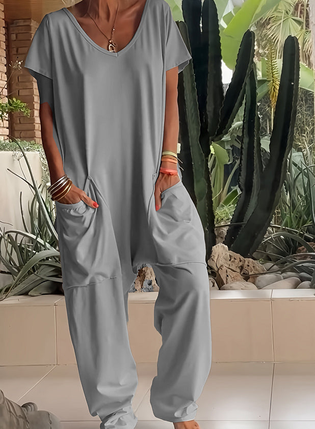 V-neck Oversized Pocket Low-grade Jumpsuit Women DealSniper.net 2XL Grey blue