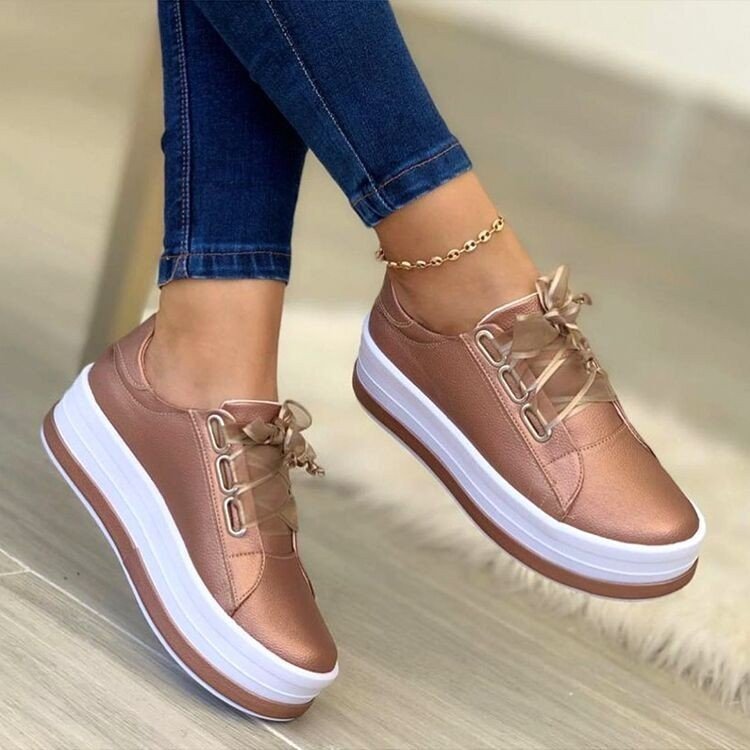 Fashion Flats Sneakers Women Ribbon Lace-up Platform Shoes Women DealSniper.net Rose gold Size35