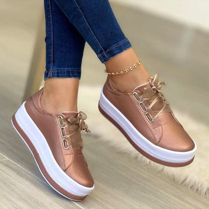 Fashion Flats Sneakers Women Ribbon Lace-up Platform Shoes Women dealsniper-net Rose gold Size35