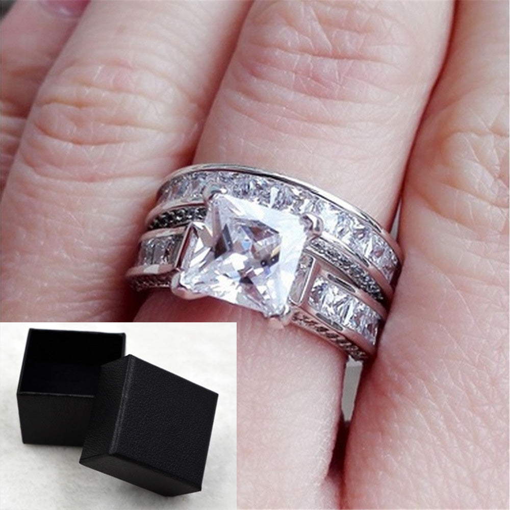 New Style Charm Couple Rings His Her Silver Color Princess Cut CZ Anniversary Promise Wedding Engagement Ring Sets Jewelry dealsniper-net Silvery With Box US 10