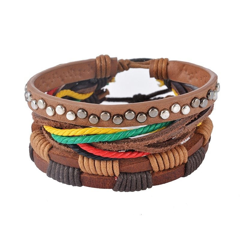 Leather Bracelet Men Multilayer Bead Bracelet Punk Wrap Jewelry dealsniper-net