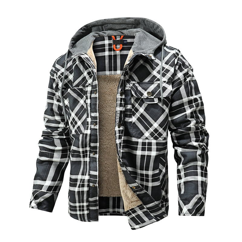 Men Warm Jacket Fleece Lining Lumberjack Plaid Hooded Jackets Snap Button Men dealsniper-net