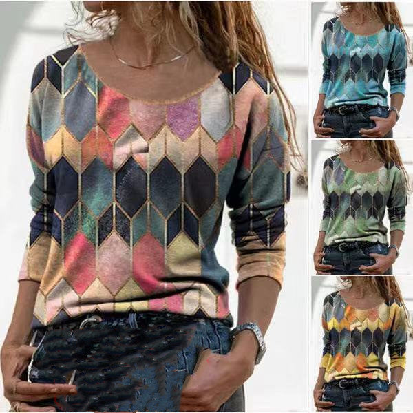 Long sleeve retro geometric print casual top T-shirt Women dealsniper-net