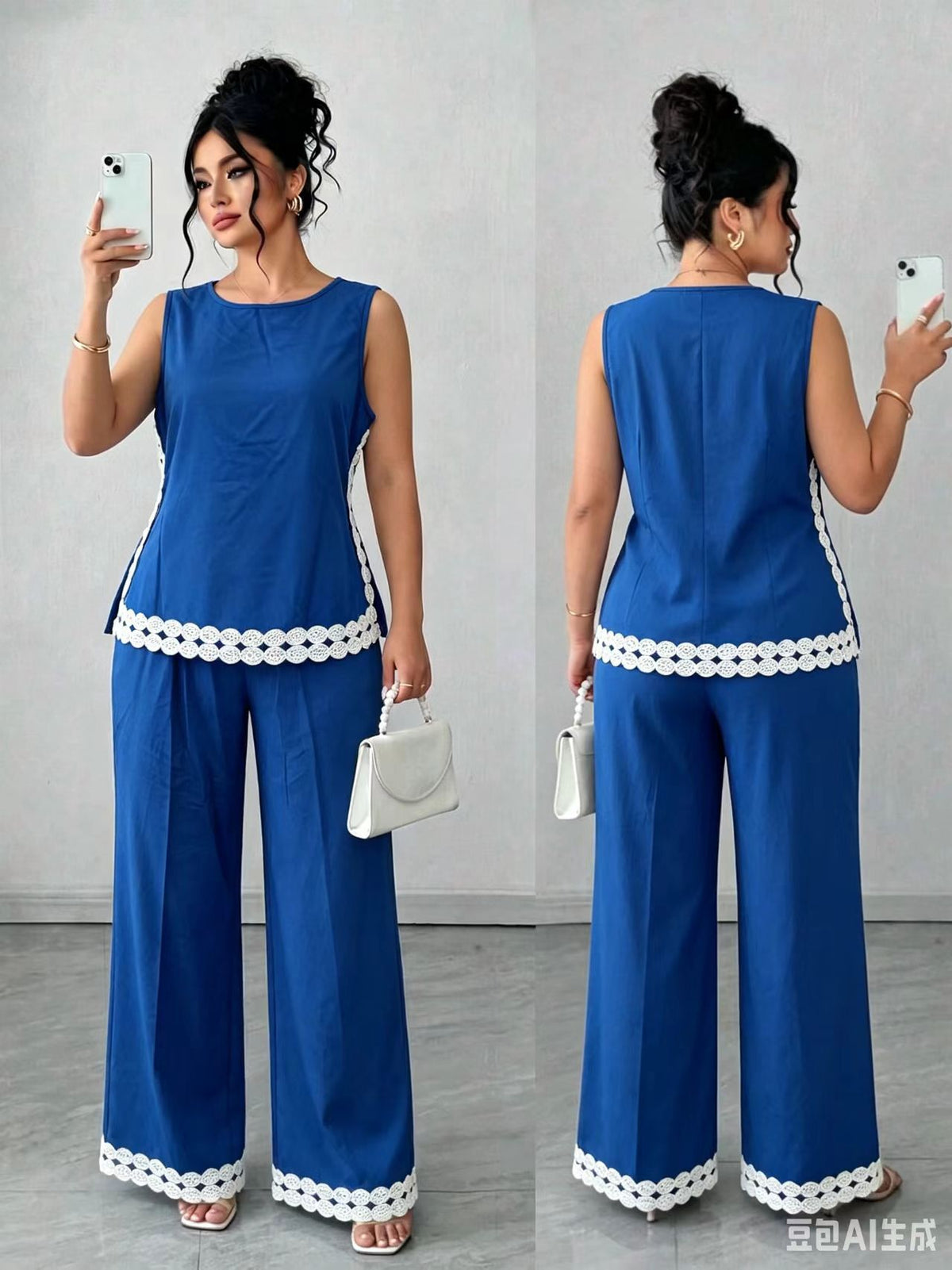 New Sleeveless Casual Pants Set Plus Size Vacation Outfit Women Gym From House Royal blue 1XL