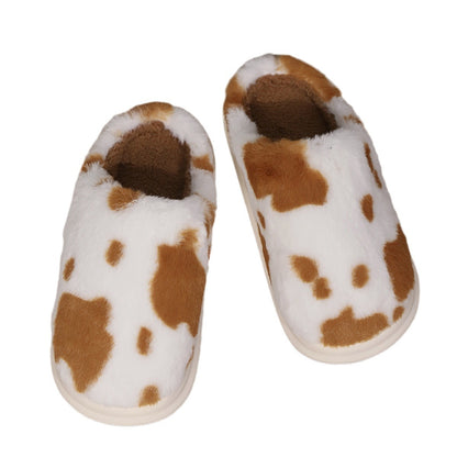 Cute Cow Spotted Plush Slippers Winter Warm Non-slip Women dealsniper-net