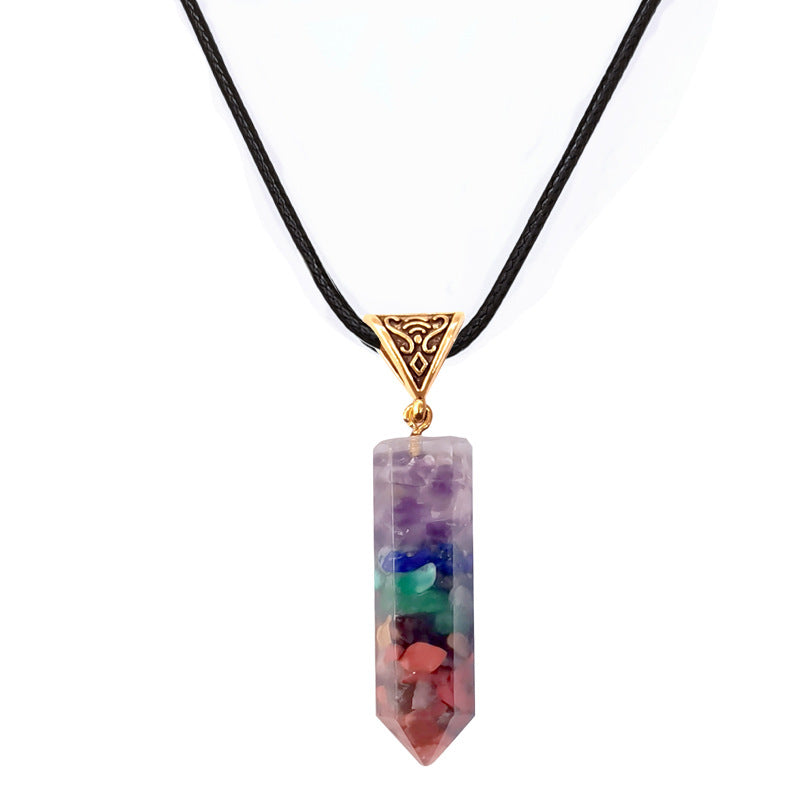 Seven Chakra Natural Crushed Stone Hexagon Column Necklace Aura Pendant Jewelry dealsniper-net