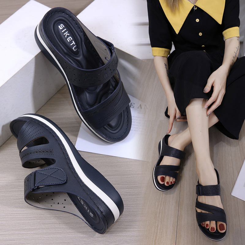 Hollow Wedge Platform Shoes With Velcro Solid Color Casual Roman Slippers Women dealsniper-net