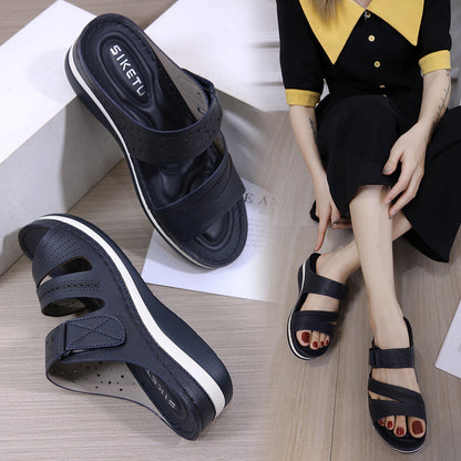 Hollow Wedge Platform Shoes With Velcro Solid Color Casual Roman Slippers Women dealsniper-net