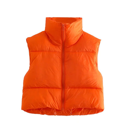 Winter Short Vest For Women Solid Color Zip Sleeveless Lapel Jacket Fashion Bread Coat Women dealsniper-net Orange L