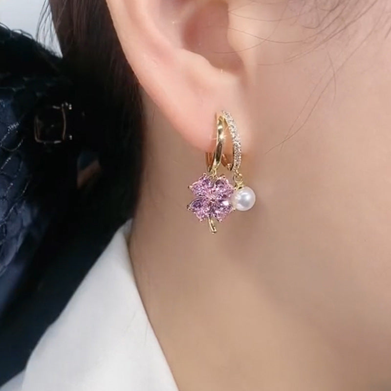 Fashion Jewelry Purple Crystal Four-leaf Flower Pearl Ear Clip Earrings Jewelry dealsniper-net