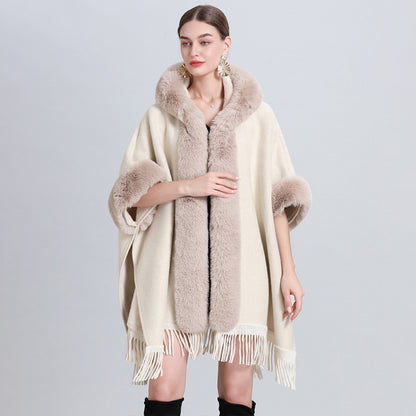 Loose Plaid Plus Cashmere Fur Collar Knitted Inverness Women Gym From House Solid Color Rice Average Size